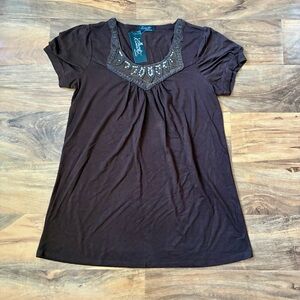 Kivense Women's Short Sleeve Brown w/Jeweled Neckline Top Size Small NEW